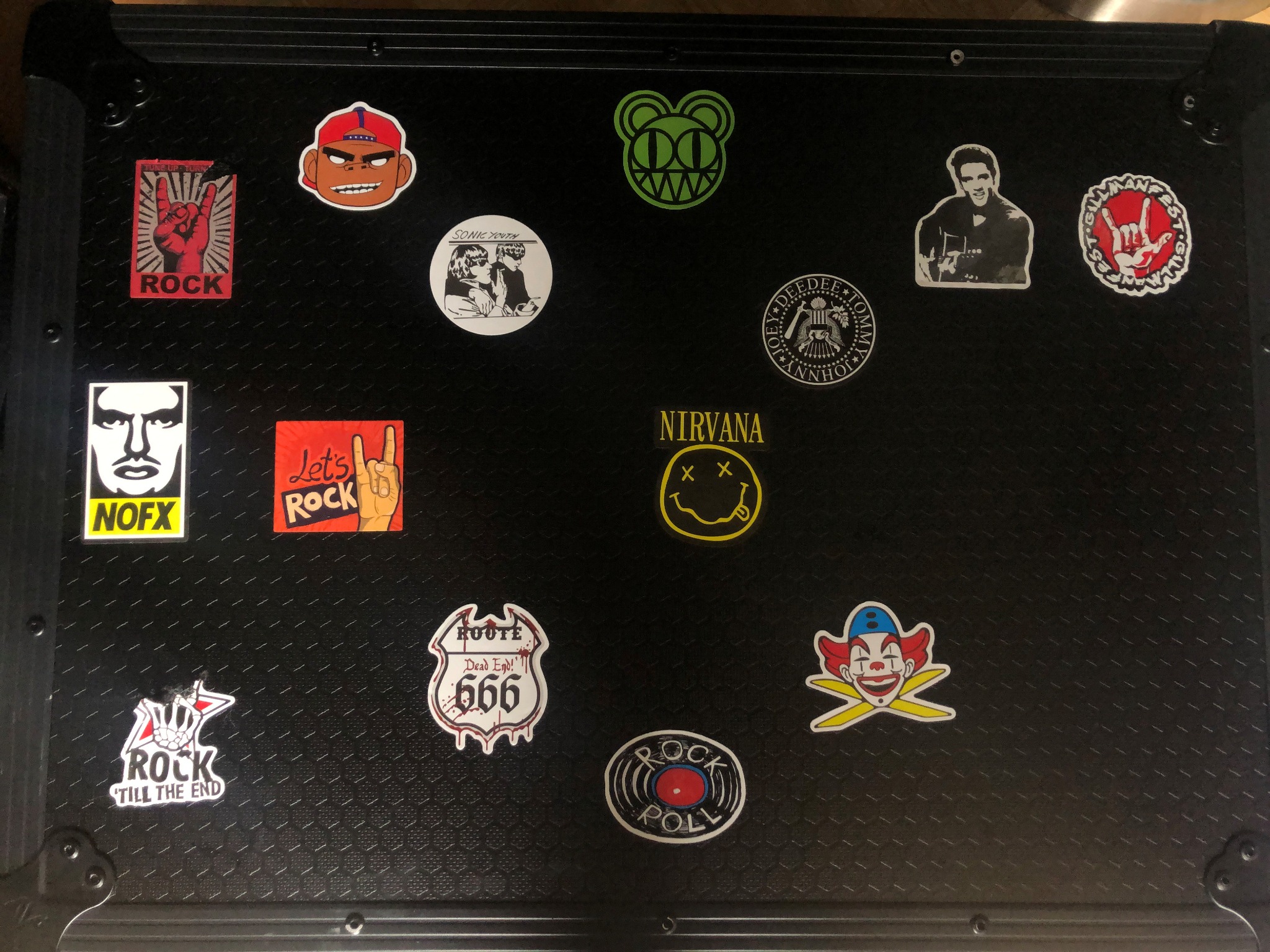 DJ equipment case with music stickers